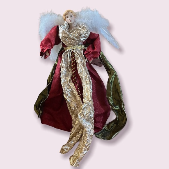 NWT 18” Christmas tree topper angel decor shimmery bows red green gold - Picture 1 of 7
